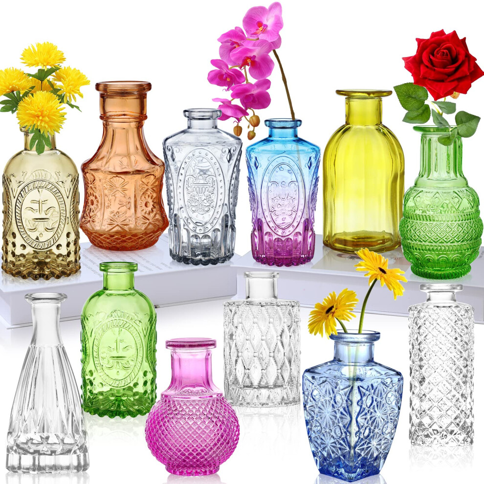 Set Di 12 Vasi In Vetro, Piccoli Vasi Per Fiori, Vasi Singoli Colorati In Massa, Mini Vaso Rustici Decorativi Per Centrotavola, Bottiglie Di Vetro Vintage Per Matrimoni, Casa, Set Regalo Da Tavolo-image