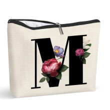 Personalized Letter M Make up Bag Women Cosmetic Makeup Bag with Initial Floral Letter Toiletries Bag Canvas Travel Essentials Bag Gift Ideas for Wom