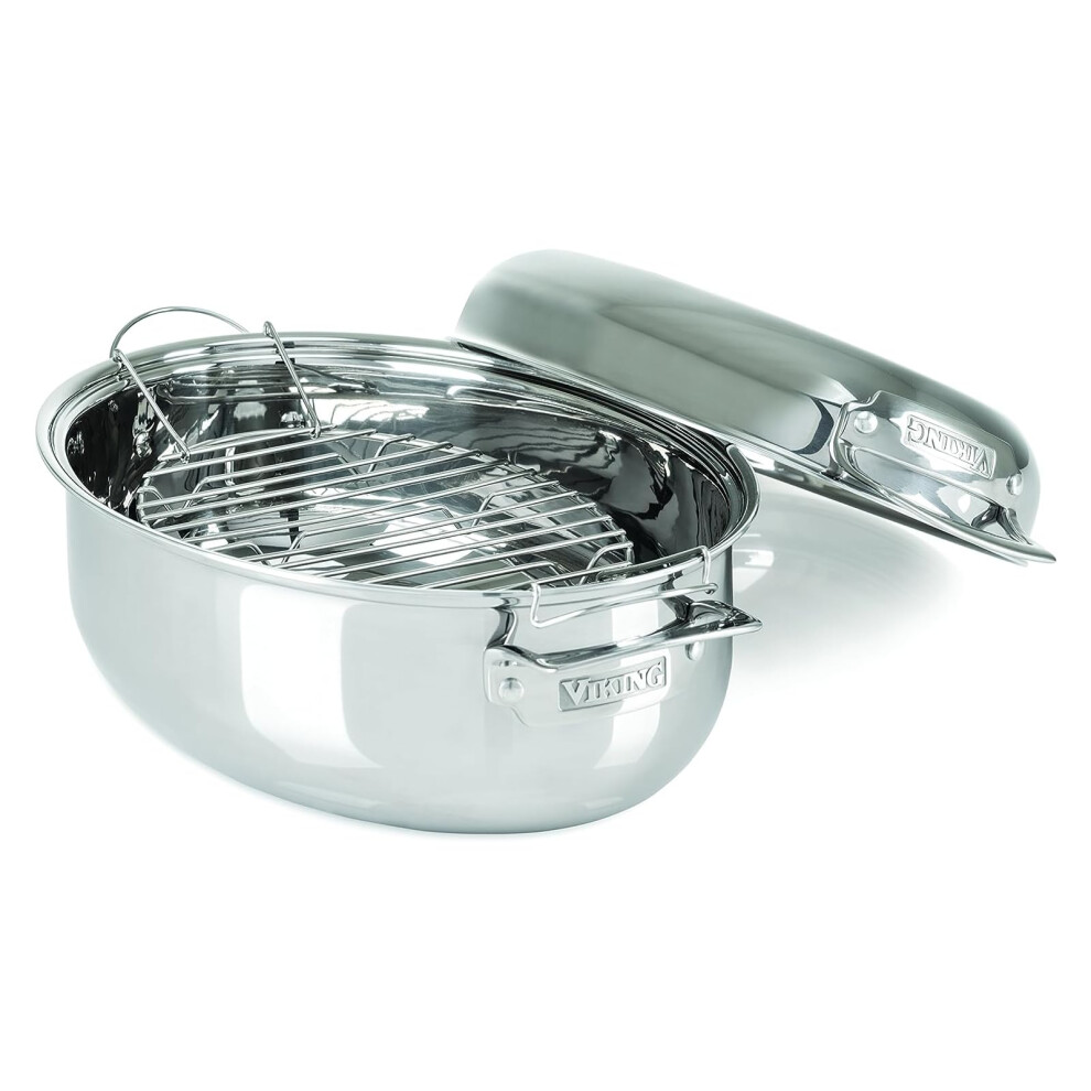 Viking Culinary 3-Ply Stainless Steel Oval Roasting Pan  8.5 Quart  Includes Metal Induction Lid & Rack  Dishwasher  Oven Safe  Works on All Cooktops