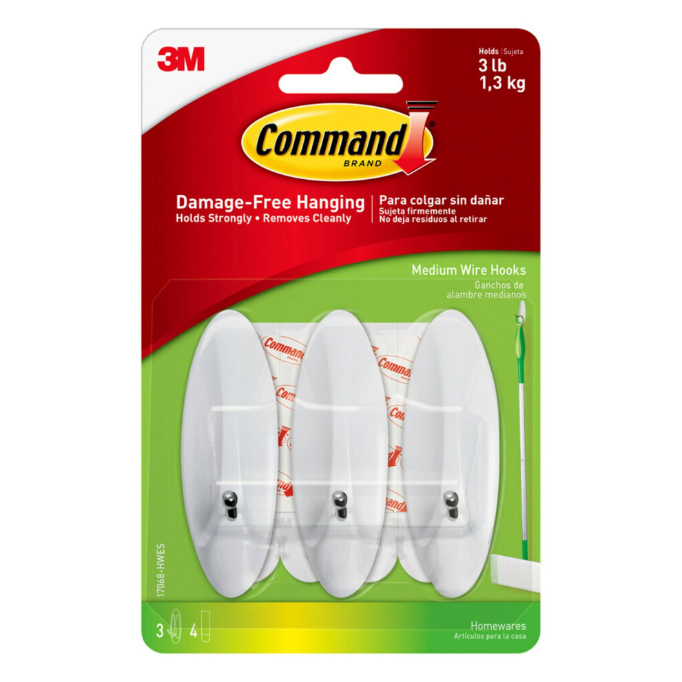 Command Medium Wire Hooks  Holds up to 3 lb  3 Hooks  4 Strips  Damage free Hanging Wall Hooks with Adhesive Strips  No Tools Wall Hooks for Organizat