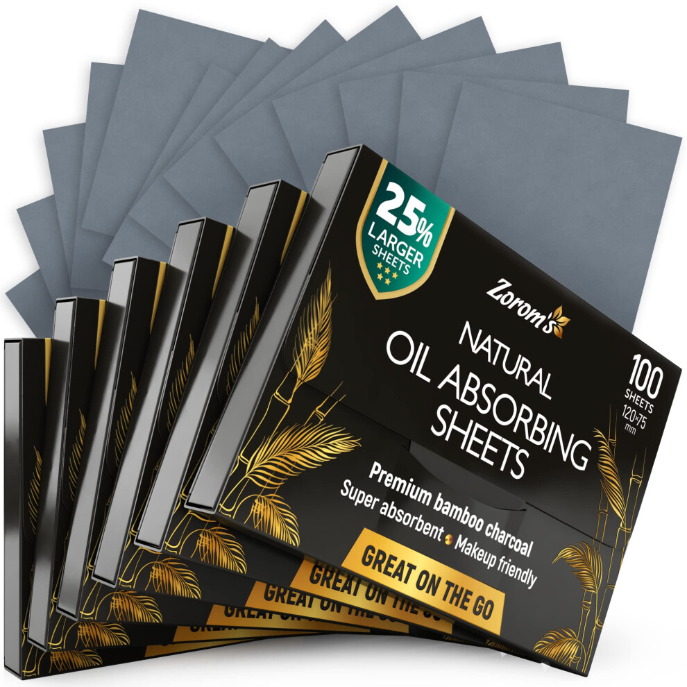 Zorom's Natural Oil Blotting Sheets For Face With Bamboo Charcoal - 25% Larger - 6Pk/600 Makeup Friendly Blotting Papers For Face - Easy Dispensing Oil Absorb