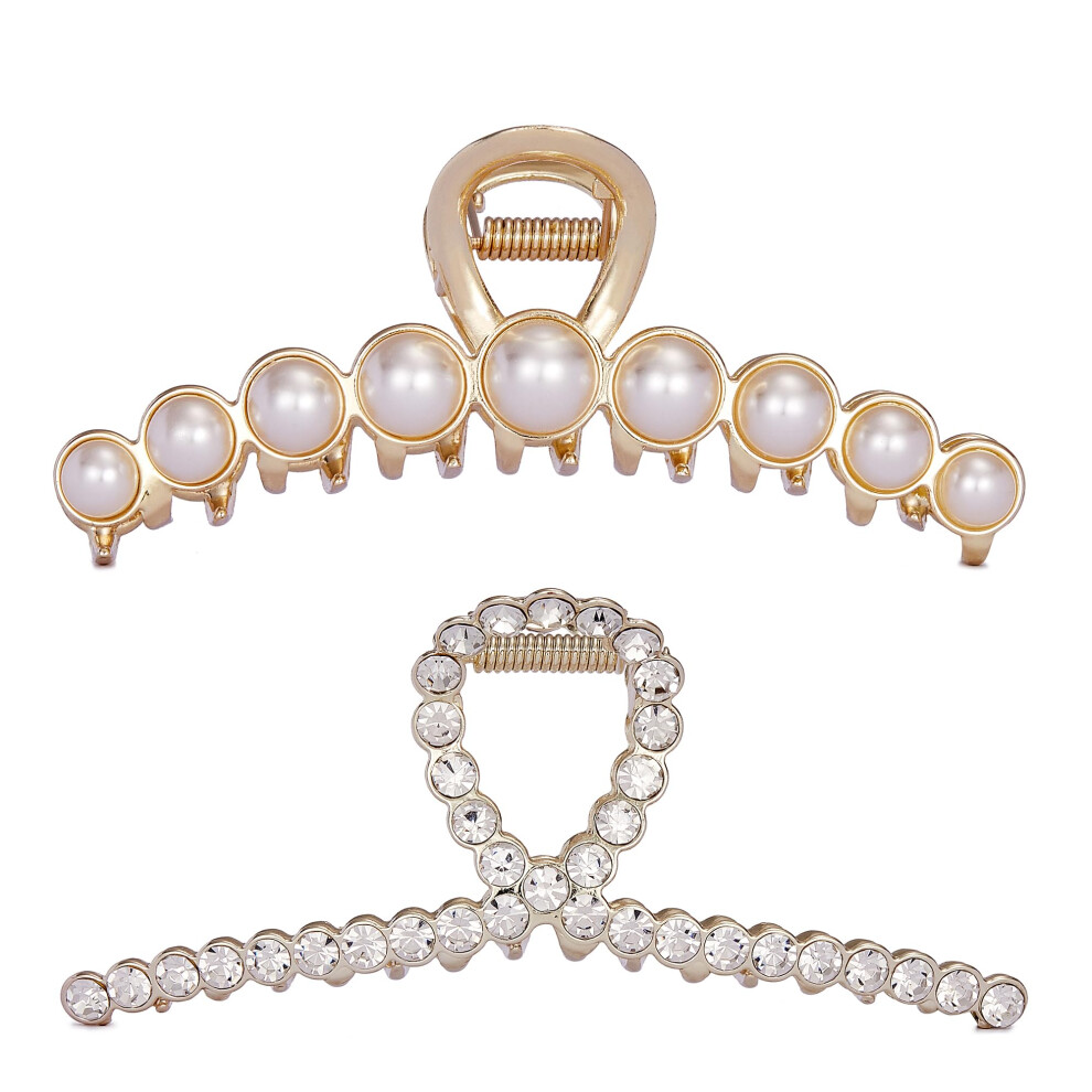 Rhinestone Hair Claw Clips  4.4 Inch Vintage Metal Imitation Pearl Hair Jaw Clip for Women  Non Slip Hair Clamp Fashion Wedding Party Accessories Eleg