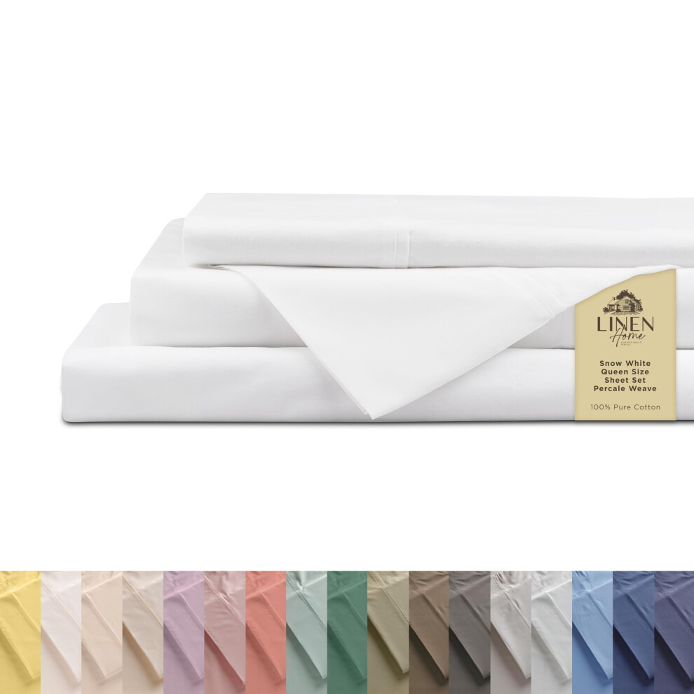 Parure de lit 4 pi   ces 100 % percale de coton, taille Queen, blanc neige, avec poche profonde   : 1 drap plat, 1 drap-housse     poche profonde et 2