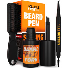 FOLLICLE BOOSTER Beard Pen Filler Styling Kit for Men - Black - Complete Beard and Scalp Set with Patented 4-Tip Fork and Normal Pen - Waterproof  Swe