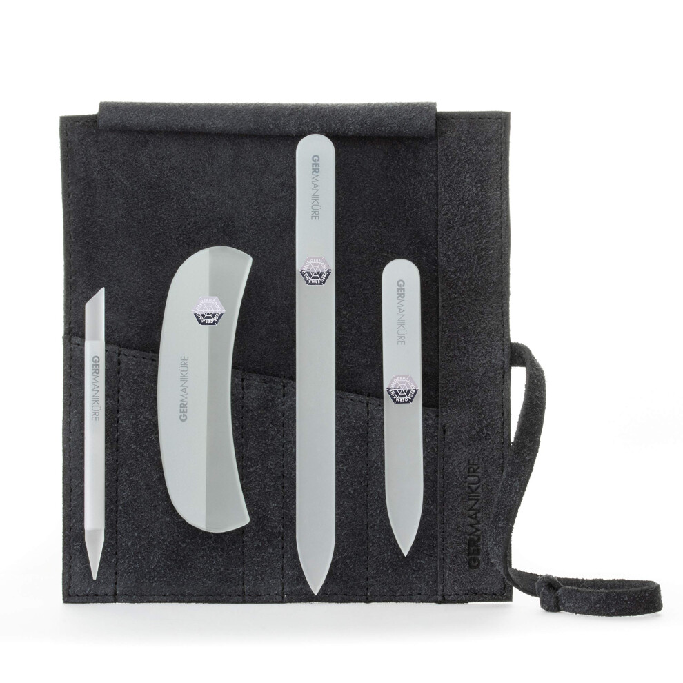 GERMANIKURE Crystal Glass Nail File Set in Black Suede Case - Handmade in Czech Republic - Professional Manicure & Pedicure Supplies - Glass Cuticle S