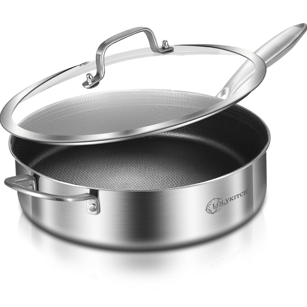LOLYKITCH 6 QT Hybrid Tri-Ply Stainless Steel Non-Stick Saut? Pan with Lid 12 Inch Deep Frying Pan Large Skillet Jumbo Cooker Induction Pan Oven Safe