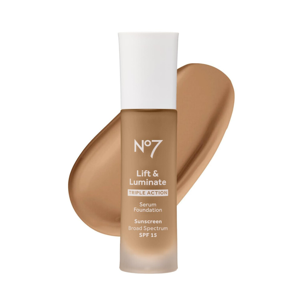 No7 Lift & Luminate Triple Action Serum Foundation - Deep Honey - Liquid Foundation Makeup with SPF 15 for Dewy  Glowy Base - Radiant Serum Foundation