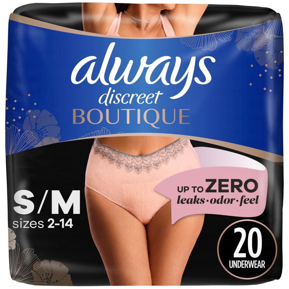 Always Discreet Boutique Adult Incontinence & Postpartum Underwear for Women  High-Rise  Size Small/Medium  Rosy  Maximum Absorbency  Disposable  20 C