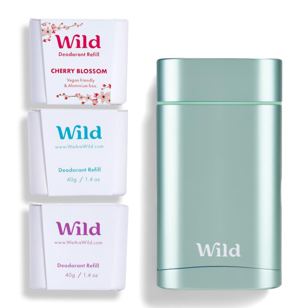 Wild - Aqua Case with Refill Variety Pack - Natural Refillable Deodorant - Aluminum Free - Includes Fresh Cotton & Sea Salt  Cherry Blossom and Coconu