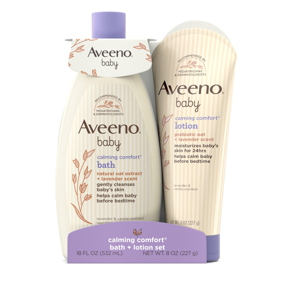 Aveeno Baby Calming Comfort Bath & Lotion Set  Nighttime Baby Skin Care Products with Natural Oat  Lavender & Vanilla Scents  Paraben-  Phthalate- & P