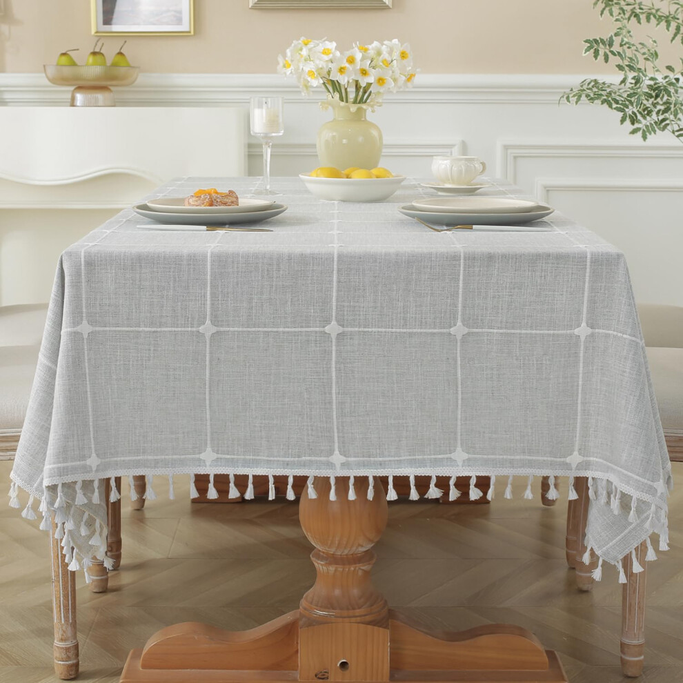 Laolitou Nappe imperm   able en toile de jute et lin avec pompon - Tissu robuste et infroissable - Nappe rectangulaire pour tables rustiques - Napp