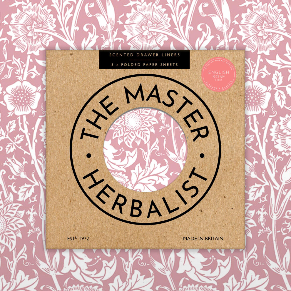 The Master Herbalist Rose Scented Drawer Liners in a Pink William Morris Design. Contains Rose Essential Oil | Pack of 5 Folded Sheets | Contains Esse-image-OPC-PGGBQ5C-NEW