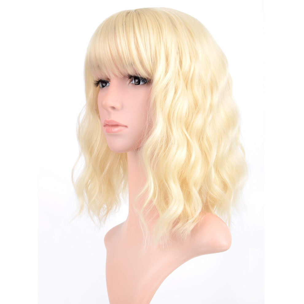 Vckovcko Blonde, Pastellfarbene, Gewellte Perucke Mit Air-Pony, Damen, Kurze, Gewellte, Hellblonde Perucken, Synthetische Perucke Fur Cosplay-Par-image