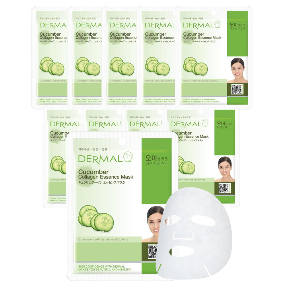 Dermal Aloe Collagen Essence Facial Mask Sheet 23G Pack Of 10 - Skin Revitalizing & Soothing Refreshing And Moisturizing Sunburn Relief Daily Skin