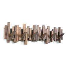 Acsigesn Wooden Coat Rack Wall Mounted Sticks Multi Rack Solid Handmade Natural Walnut Wood Artwork with 6 Flip-Down Unique Modern Hooks for Coats Bag