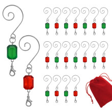 Christmas Ornament Hooks - Set of 20 Red and Green Acrylic Jewels - Silver Wire Ornament Hangers - Decorative Scroll S-Hook with Lobster Claws - Holid