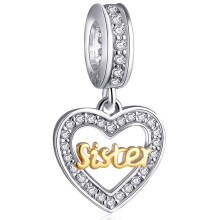2 Tone Sister Love Heart Charms voor dames - 925 sterling zilver Grote/kleine zus hanger Godin kralen - past op Pandora Moederdag armband cadeaus voo