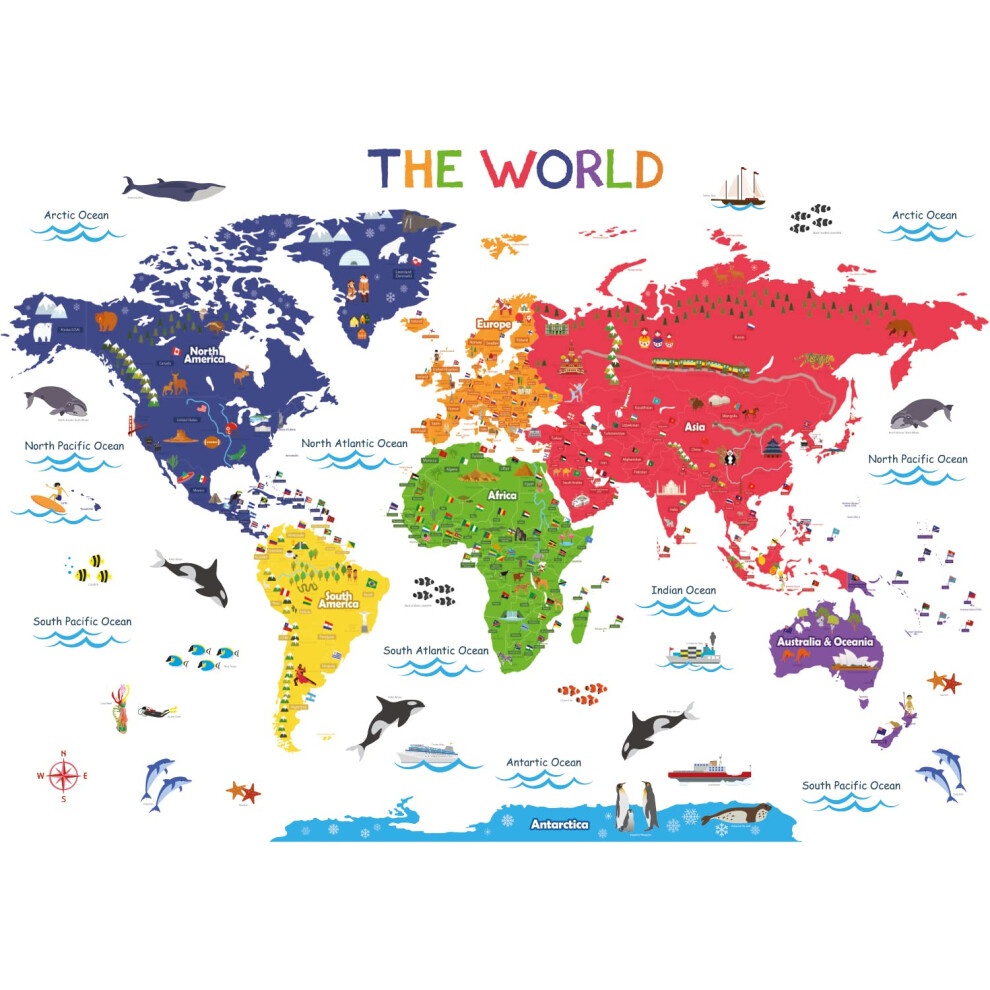 Bs-115 Large Animal Landmarks World Map Wall Decals Educational Stickers For Kids Nursery Bedroom Living Room Classroom Peel Stick Removable Po Bashom