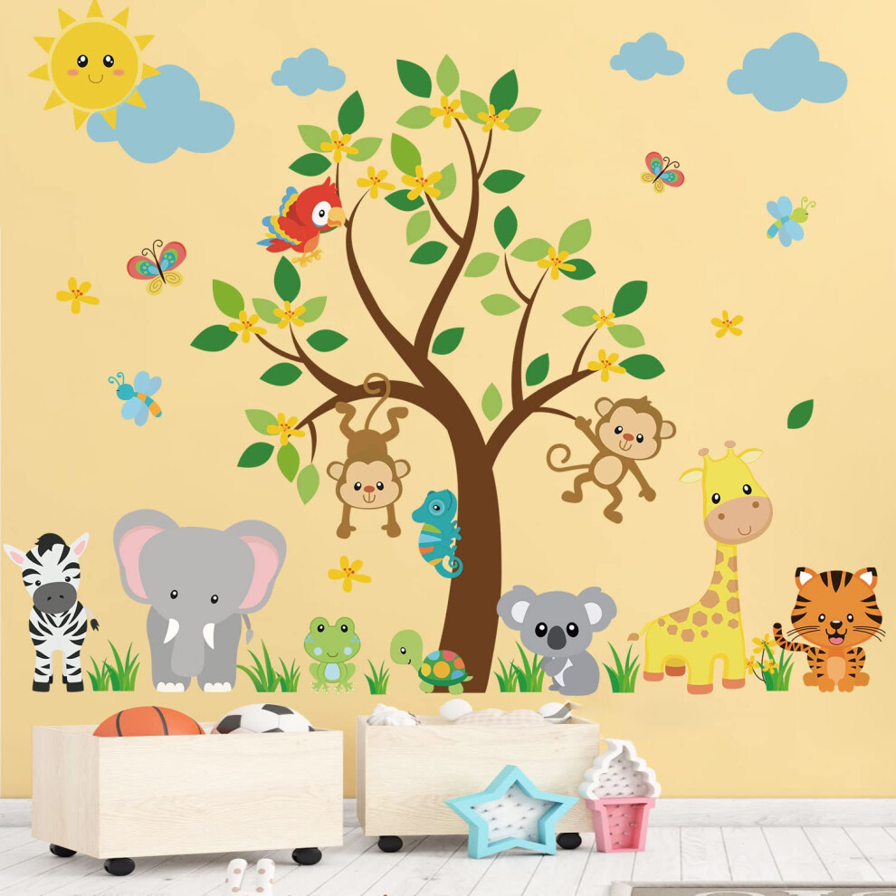 Supzone Jungle Animal Wall Stickers Monkey Tree Wall Decals Elephant Giraffe Tiger Wall Sticker For Kids Girls Boy Baby Nursery Playroom Bedroom Livin