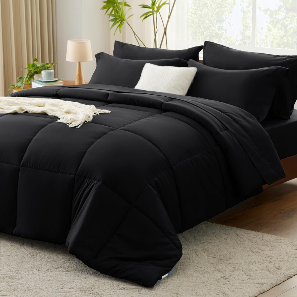 CozyLux Parure de lit 7 pi   ces pour lit double - Parure de lit compl   te noire pour toutes les saisons avec couette, draps plats, draps-housses, t