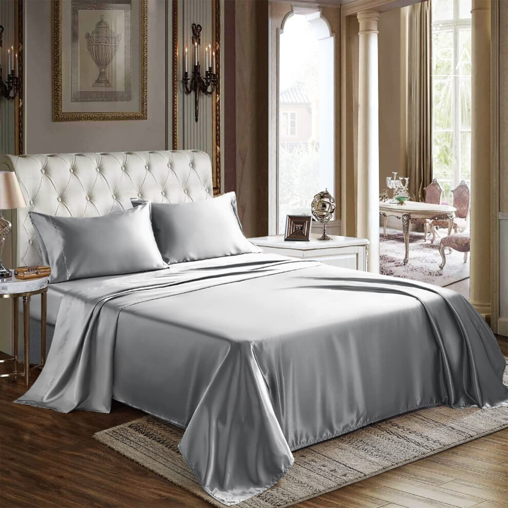 cozyLux Satin Sheets  Full Size Bed Sheets  Silky 4-Pcs Bedding Set  Light grey Satin Sheets with 16 Inches Deep Pocket Fitted Sheet  Flat Sheet and 2-image-OPC-PFM6QQJ-NEW