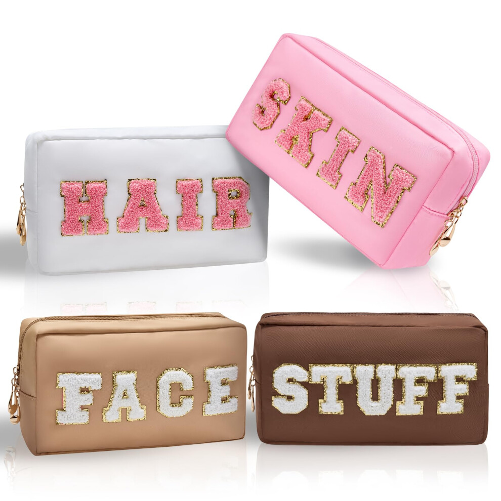 Burskit Preppy Makeup Bags Stoney Clover 4 Pcs Travel Organizer Patch Bag Large Varsity Chenille Letter Cosmetic Toiletry Preppy Stuff Cute Bags Porta