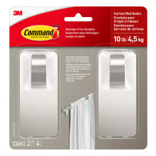 Command 10 lb Satin Nickel Curtain Rod Hooks 2 Hooks and 4 Command Strips Damage Free Curtain Hooks for Hanging Curtain Rods with Adhesive Strips N