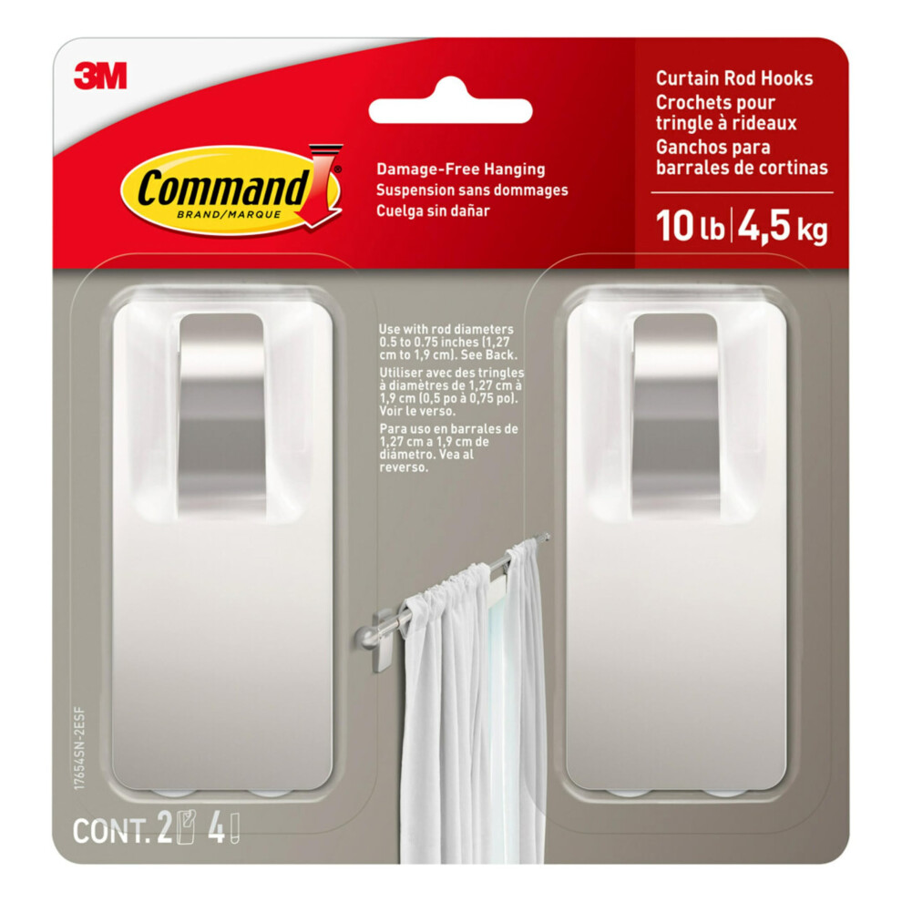 Command 10 lb Satin Nickel Curtain Rod Hooks  2 Hooks and 4 Command Strips  Damage Free Curtain Hooks for Hanging Curtain Rods with Adhesive Strips  N