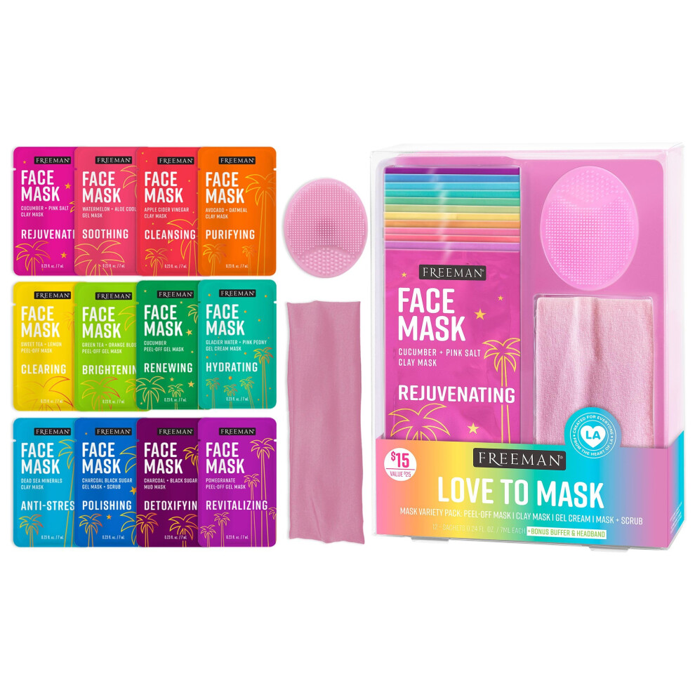 Freeman Facial Love To Mask 14 Piece Variety Pack: Oil Absorbing Clay Detoxifying Charcoal Clearing Peel Off Hydrating Gel Cream Exfoliating Scrub