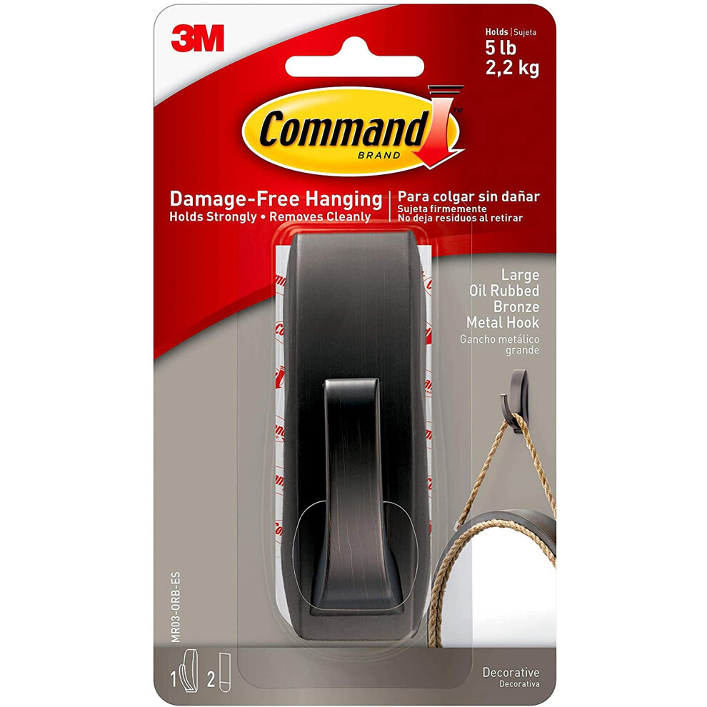 Command Large Modern Reflections Metal Hook  Holds up to 5 lb  Oil Rubbed Bronze  1 Wall Hook with 2 Command Strips  Damage Free Hanging Hooks for Han