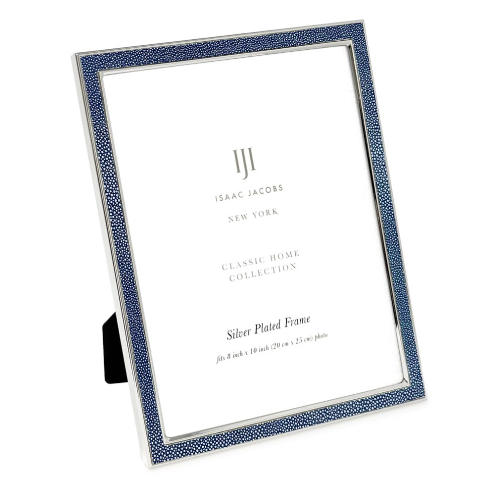 Cadre photo Isaac Jacobs 8x10 en cuir bleu marine avec m   tal argent    (vertical et horizontal), bordure galuchat avec chevalet en tissu noir, mont