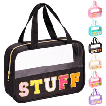 eurovicky Chenille Letter Patch Clear Makeup Bag Preppy Nylon Makeup Bag with Handle and Zipper Waterproof Large Clear Travel Toiletry Bag Storage B
