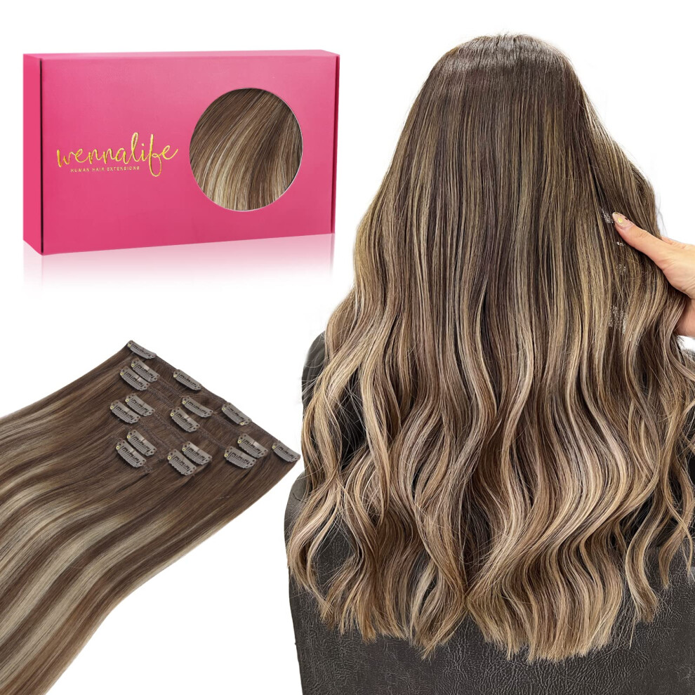 Wennalife Unisex Brown Clip In Hair Extensions 14 Inch 120G 7Pcs Balayage Chocolate To Honey Blonde Hair Extensions Clip In Human Hair Remy Clip In Hair Ext