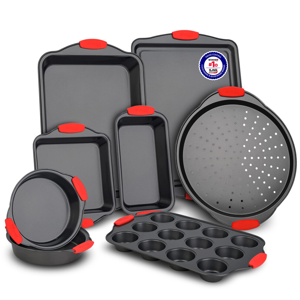 BAKKENMASTER Baking Set - 8 Piece Kitchen Oven Bakeware Set - Deluxe Non-Stick Black Coating Inside and Outside - Carbon Steel - Red Silicone Han