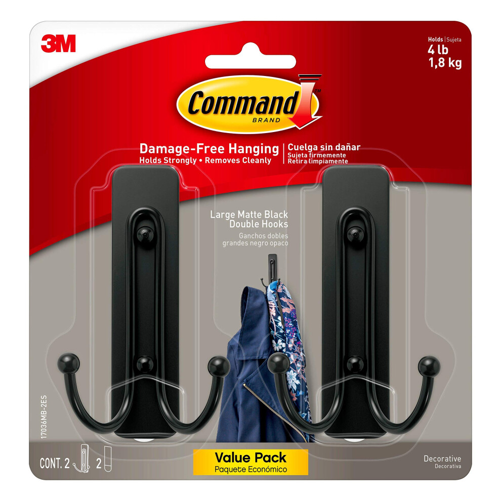 Command Large Matte Black Double Hooks  2 Hooks and 2 Command Strips  Damage Free Hanging Wall Hooks with Adhesive Strips  Coat Hooks for Hanging Chri