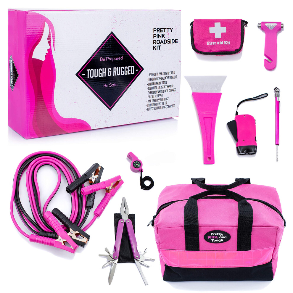 Pretty Roadside Kit - Emergency Kit For Teen Girls And Women - Car Accessories For Women - Durable Carry Bag With Jumper Cables First Pink 703158139768