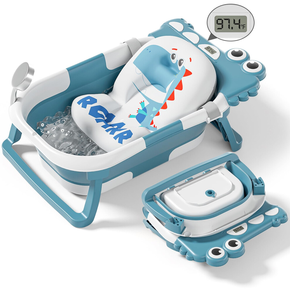 Tavlshero Alligator Collapsible Baby Bathtub For Newborn With Thermometer & 1 Soft Floating Cushion & Drain Hole Foldable & Portable Travel Baby Bath Tub For N