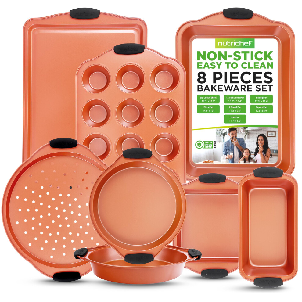 NutriChef 8 Piece Baking Pans Set - Nonstick Carbon Steel Bakeware Set w/ Silicone Heat-Safe Handles - Includes Loaf Pan Muffin Pan Cookie Sheets P