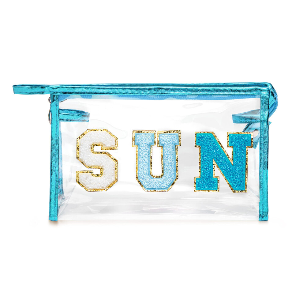 Y1tvei Preppy Patch Sun Varsity Letter Cosmetic Toiletry Bag Transparent Pvc Zipper Makeup Bag Clutch Purse Portable Waterproof Travel Organizer Compl