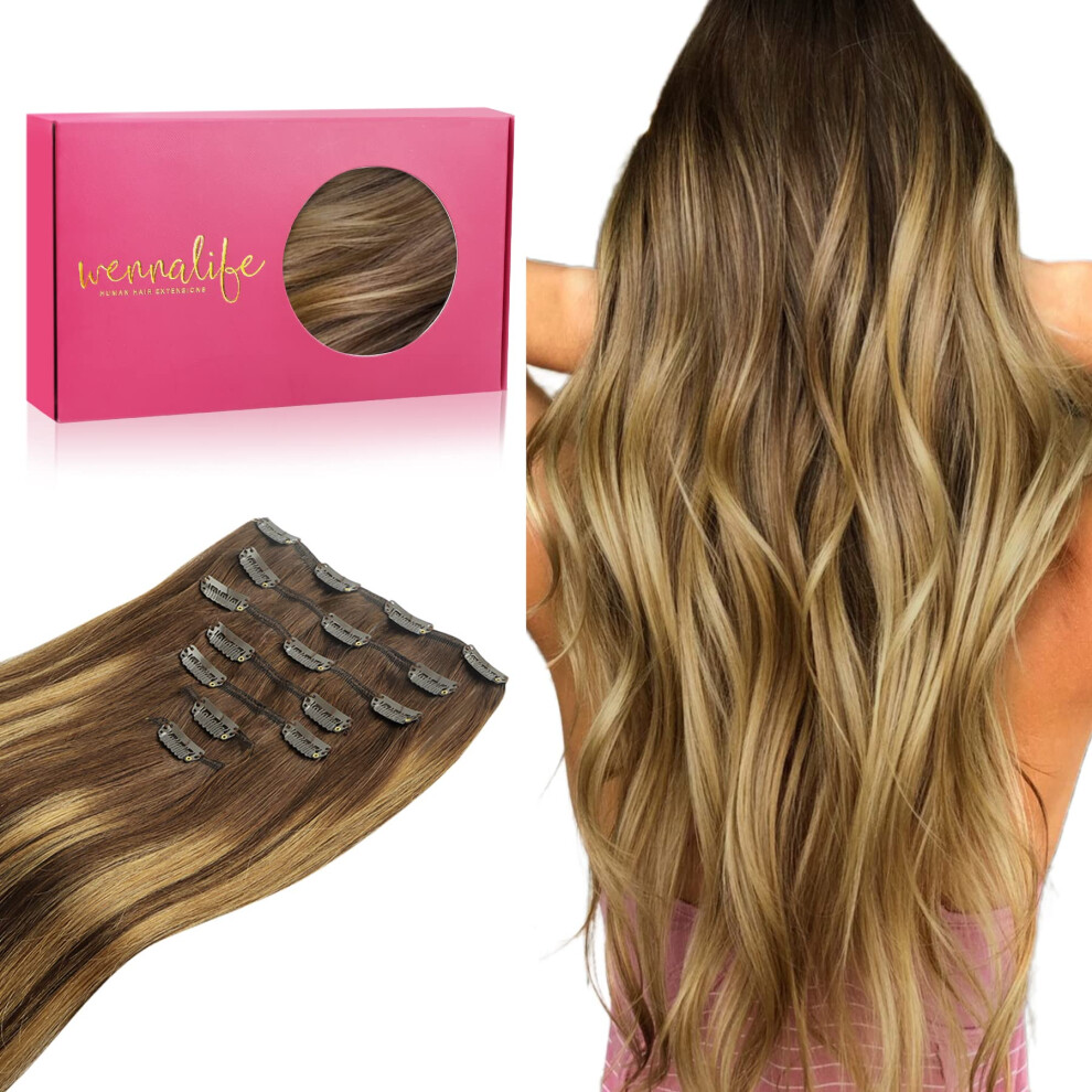Wennalife Unisex Brown Clip In Hair Extensions 22 Inch 120G 7Pcs Balayage Chocolate To Caramel Blonde Hair Extensions Clip In Human Hair Remy Clip In Hair E
