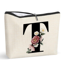 Initial Cosmetic Bags for Girls Women Floral Makeup Bag with Initial T Letter Make Up Bags Travel Makeup Pouch Personalized Gift for Birthday Annive