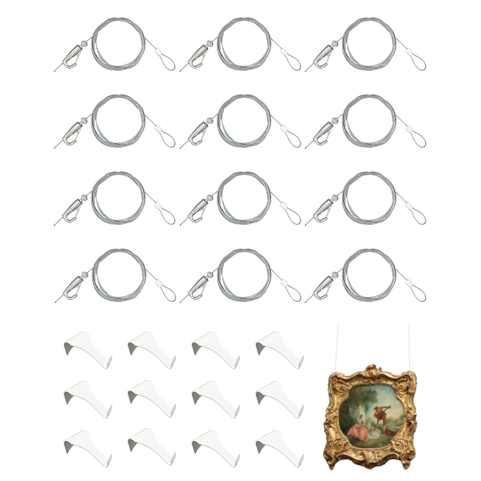 Picture Hanging Kit - Picture Rail Hooks With 12 Of Each White Rail Hooks 72 Inch Invisible Loop Cord 12 Adjustable Hooks - Stainless Steel Picture 732064322711