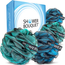 SHOWER BOUQUET Loofah-Charcoal Bath-Sponge-Blue-Green XL-75g Extra Large 4 Pack Soft Mesh Color & Black Set Loufa Puff - Exfoliating Body Scrubber
