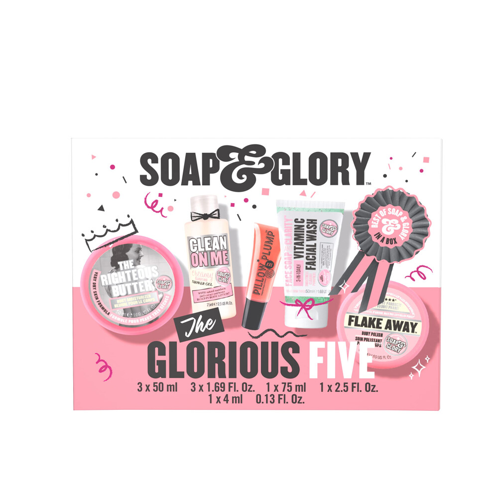 Soap & Glory The Glorious Five Gift Set - Righteous Butter Body Butter  Clean On Me Shower Gel  Flake Away Body Scrub  Vitamin C Face Wash  & Pillow P