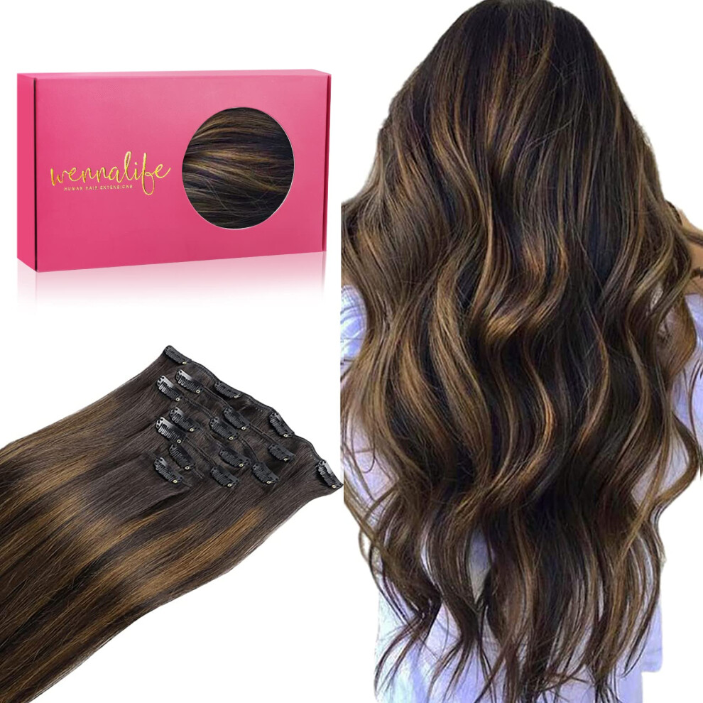 Wennalife Unisex Brown Clip In Human Hair Extensions 20 Inch 120G 7Pcs Dark To Chestnut Balayage Hair Extensions Clip In Human Hair Remy Clip In Hair