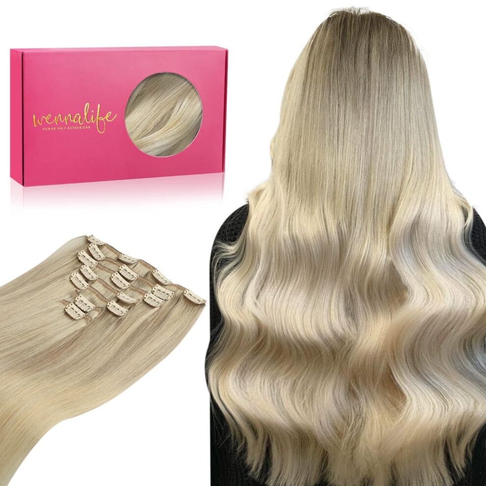 Wennalife Unisex Silver Clip In Human Hair Extensions 20 Inch 120G 7Pcs Ash Blonde To Golden Blonde And Platinum Blonde Ombre Clip In Human Hair Remy Clip In Hair