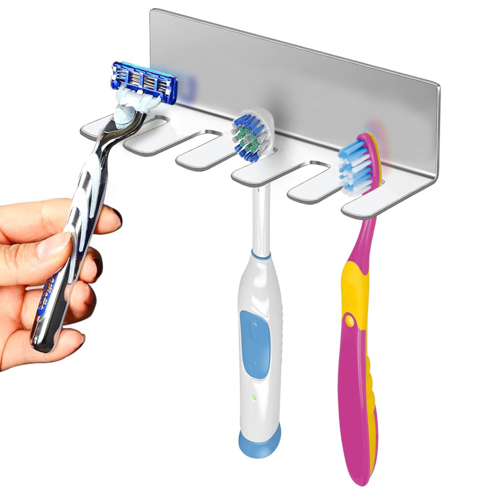 Wall Mounted Toothbrush Holder  Stainless Steel Toothbrush Holder with 3M Self-Adhesive No Drilling Toothbrush Organizer  Bathroom Mounted Holder for