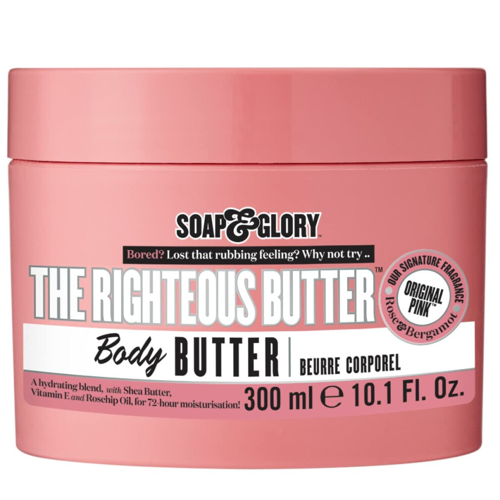Soap & Glory The Righteous Butter Moisturizing Body Butter - Skin Hydration Body Moisturizer with Vitamin E  Rosehip Seed Oil & Shea Butter - Rich Bod