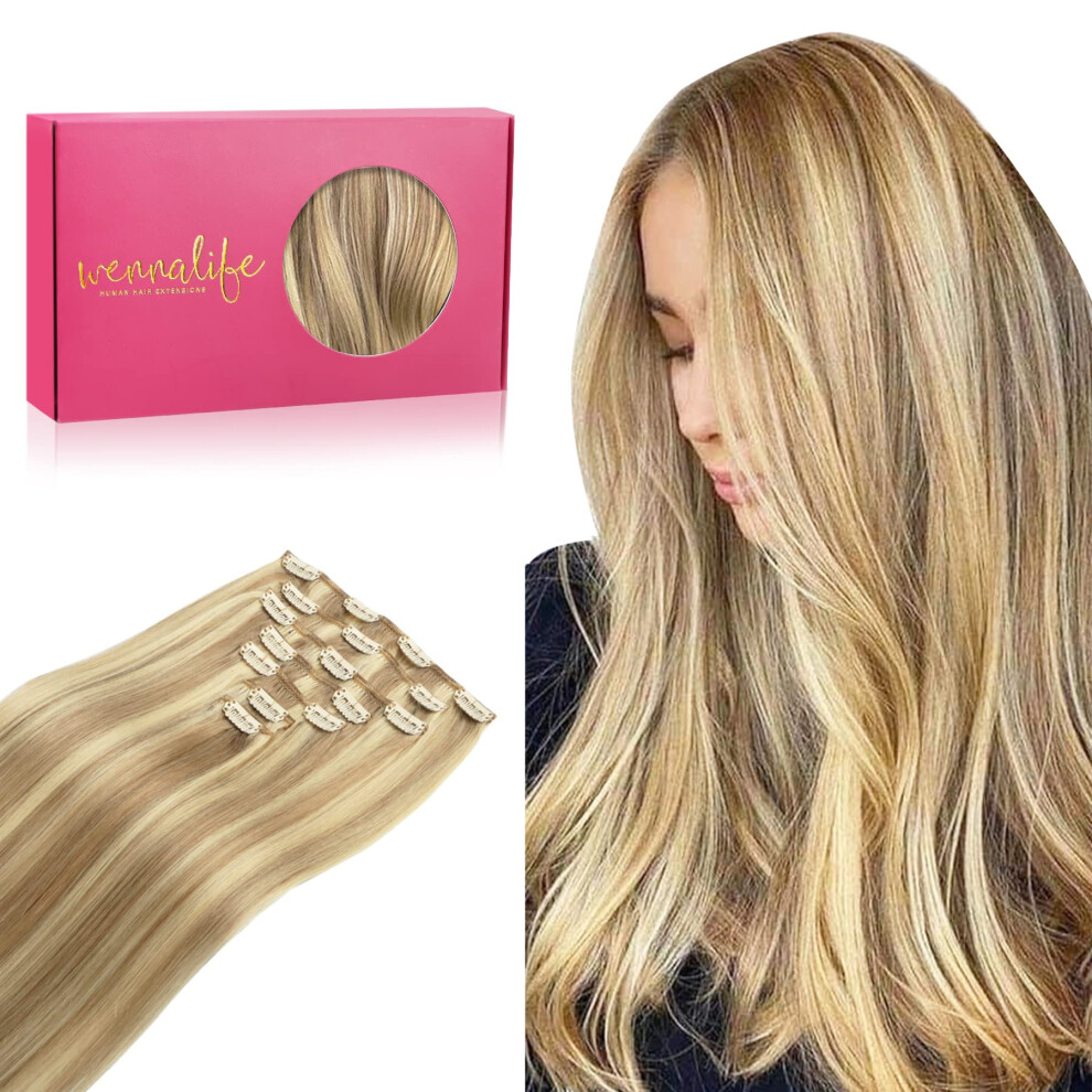 Wennalife Unisex Gold Clip In Human Hair Extensions 14 Inch 120G 7Pcs Light Blonde Highlighted En Blonde Hair Extensions Clip In Human Hair Remy Clip In Hair
