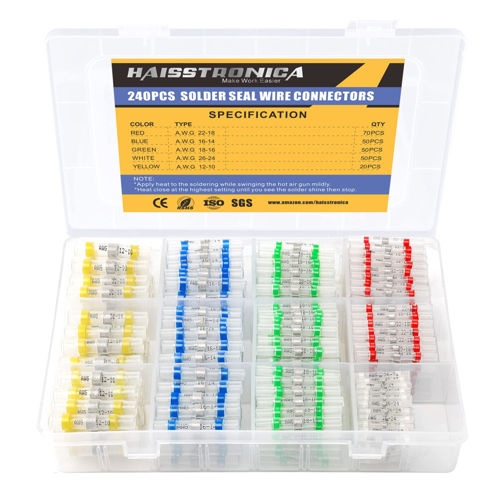 haisstronica 240PCS Solder Seal Wire Connectors Kit 26-10 Gauge Marine Grade Heat Shrink Wire Connectors Waterproof Butt Connectors Butt Splice E